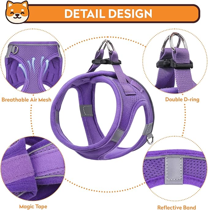 Dog Harness with Leash Set, No-Pull Step-in Reflective Pet Harness with 1 Leash Clips, Adjustable Soft Padded Easy Walk Dog Vest for Small Medium Large Dogs, Cats(Light Purple, XSmall)