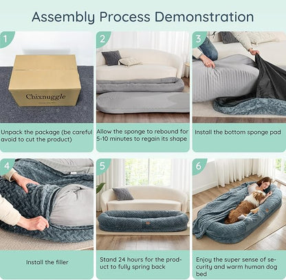 Human Dog Bed for Adult - Luxury Faux Fur Giant Size Dog Bed with Portable Handle, Egg Orthopedic Foam with Blanket, 72"x40"x10", Brown