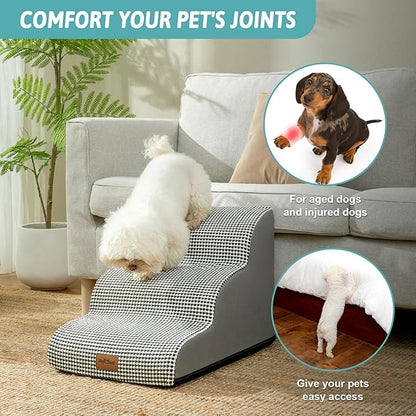 Dog Stairs for Small Dogs 15.7" H, Curved Dog Step for Puppy, Older Cat, Medium Pet Ramp for Sofa, Couch or Chair, Ladder with High Density Foam, 3 Step, 15.7x22.4x15.7 inch, White Black