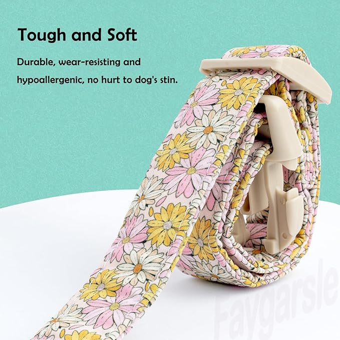 Faygarsle Floral Girl Dog Collar, Cotton Fabric with Daisies Pattern, Pink and Yellow Summer Spring Design for Small Medium Large Dogs M