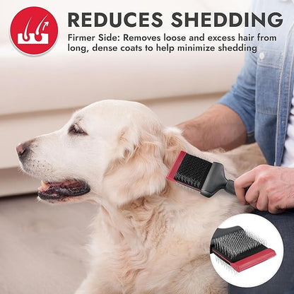 KONG Double-Sided Flexible Slicker Brush – De-Shedding & Detangling Tool, Padded Grip, Long Metal Pins, Flexible Head, for Medium to Large Dogs with Medium to Long Coats, Red/Gray