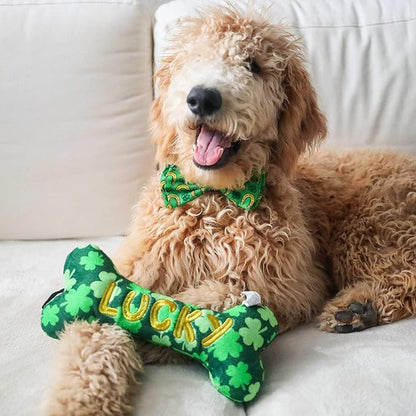 Huxley & Kent Funny Dog Toy w/Squeaker – Power Plush Squeaky Dog Toys for Small, Medium & Large Dogs – Soft Stuffed Animal for Indoor Play & Fetch - Lucky Charm Bone, Small
