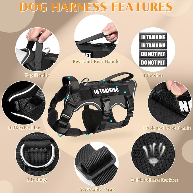 WINSEE Escape Proof Dog Harness, Service Working Molle Harness with Double Handle, Tactical Pet Vest with 4 Patches for Small Medium Large Dogs Walking Hiking Hunting