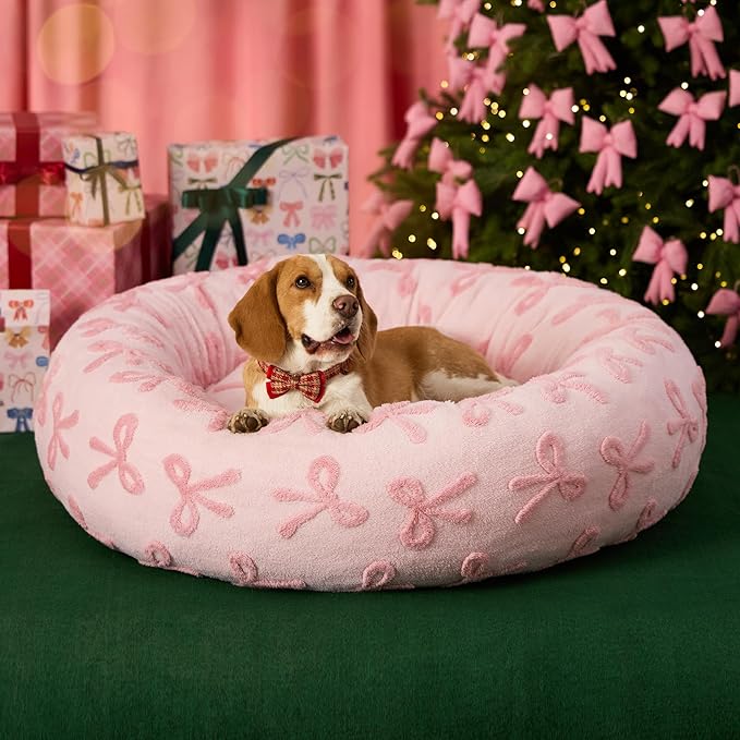 LE SURE Shown on TV Donut Large Dog Beds - Round Cat Beds Indoor Anti-Anxiety Calming Gift for Pets, Washable Home Decor Cute Beds with Jacquard Shaggy Plush & Anti Slip Bottom, 36 Inch, Pink Taffy