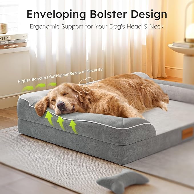 CWAWZ XXL Dog Beds for Extra Large Dogs, Giant Orthopedic Dog Sofa with Cooling Gel Memory Foam, Waterproof Pet Bed with Removable Washable Cover, 53" Pet Sofa Couch Dutch Velvet with Blanket Bone Toy