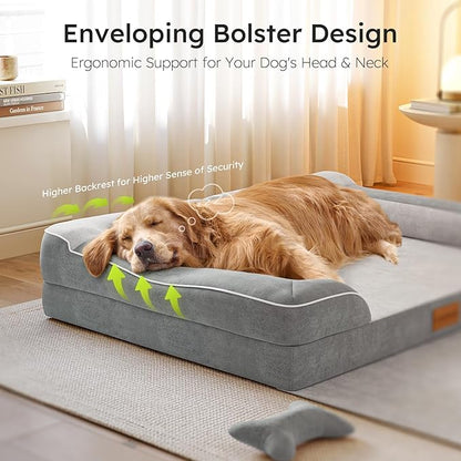 CWAWZ XXL Dog Beds for Extra Large Dogs, Giant Orthopedic Dog Sofa with Cooling Gel Memory Foam, Waterproof Pet Bed with Removable Washable Cover, 53" Pet Sofa Couch Dutch Velvet with Blanket Bone Toy