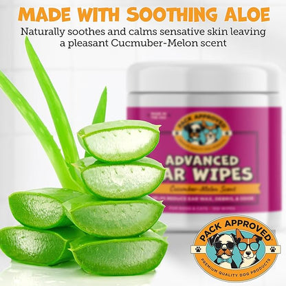 Pack Approved Advanced Ear Wipes for Dogs & Cats with Aloe Vera - Gentle, Non-Irritating Ear Cleaner for Cats and Dogs - Helps Deodorize and Remove Ear Wax - Cucumber Melon Scent (100 Wipes)