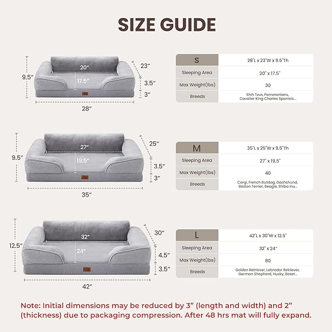 Warmrest Orthopedic Dog Beds for Medium Size Dogs, Waterproof Egg-Crate Foam Pet Couch Bed with Soft Sides, Non-Slip Dog Sofa with Flannel Removable Washable Cover, 28" Supportive Pet Sofa, Light Grey