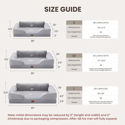 Warmrest Orthopedic Dog Beds for Large Dogs, Waterproof XL Pet Couch Bed with Soft Sides, Washable Dog Sofa with Flannel Removable Cover, 42" L Supportive Egg-Crate Foam Pet Sofa, Light Grey