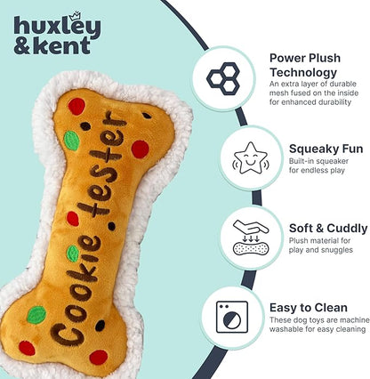 Huxley & Kent Funny Dog Toy w/Squeaker – Holiday Power Plush Squeaky Dog Toys for Small, Medium & Large Dogs – Soft Stuffed Animal for Indoor Play & Fetch - Cookie Tester Bone, Small