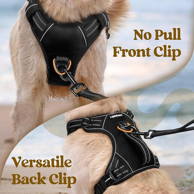 rabbitgoo Dog Harness Medium Sized, No Pull Pet Harness with Soft Padded Handle, Adjustable Reflective Vest with 3 Buckles, Easy Walking Harness with 2 Leash Clips, Black, M