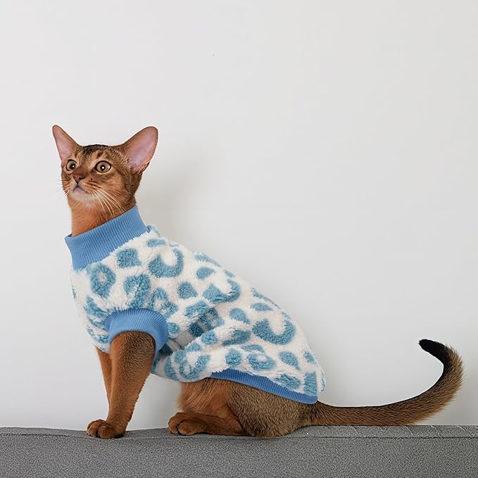 PUMYPOREITY Winter Warm Cat Sweater - Super Soft & Elastic Knit with Plush Fleece, Easy-On Design with Ribbed Neck & Cuffs, Stretchy Cat Outfit for Indoor/Outdoor Use,Blue, L