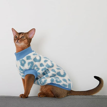 PUMYPOREITY Winter Warm Cat Sweater - Super Soft & Elastic Knit with Plush Fleece, Easy-On Design with Ribbed Neck & Cuffs, Stretchy Cat Outfit for Indoor/Outdoor Use,Blue, L