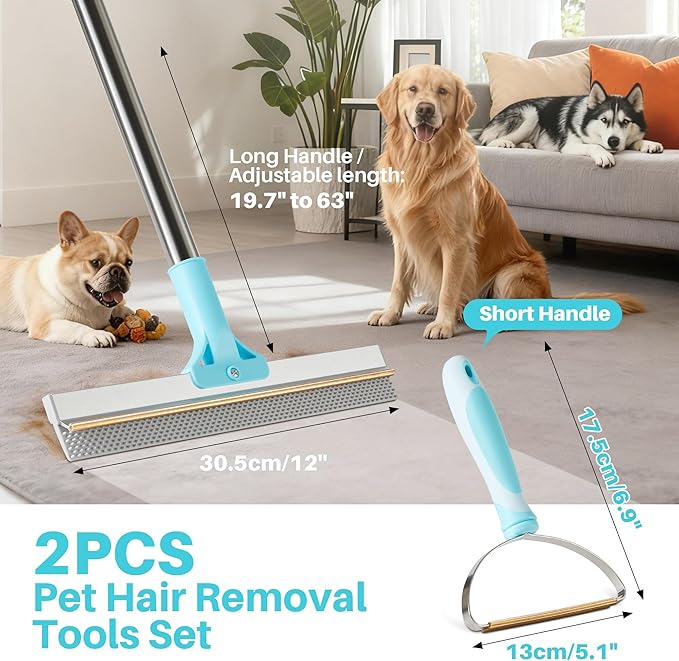 JOYMOOP 2 PCS Pet Hair Removal Tools, 63" Adjustable Long Handle Carpet Rake and Short Handle Carpet Pet Hair Removal, Cat Dog Hair Carpet Rake with Metal and Silicone Scraper for Carpet, Sofa, Cloth