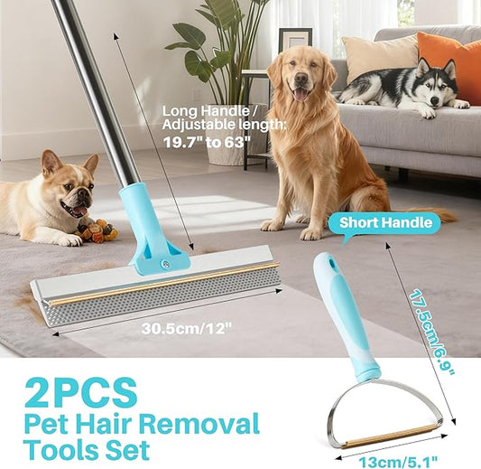 JOYMOOP 2 PCS Pet Hair Removal Tools, 63" Adjustable Long Handle Carpet Rake and Short Handle Carpet Pet Hair Removal, Cat Dog Hair Carpet Rake with Metal and Silicone Scraper for Carpet, Sofa, Cloth