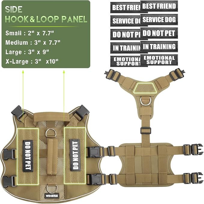 WINSEE Mesh Dog Harness with 10 Pet Patches for Medium Service Dog in Training, Breathable Tactical Molle Vest with Double Handle, Reflective Military Pet Vest for Walking Hiking