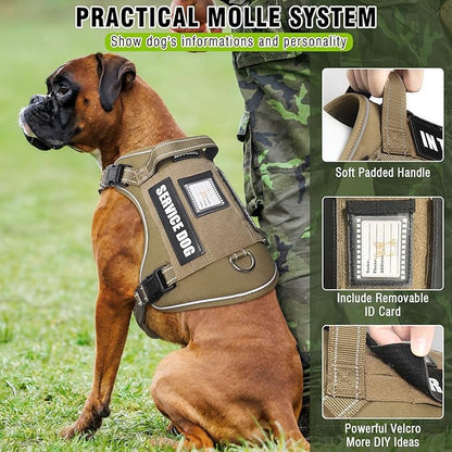 MOOGROU Tactical Dog Harness and Leash Set for Large Dogs,Heavy Duty No Pull Service Dog Vest and 10 Patches with Dog Seat Belt,Reflective Adjustable Pet Harness for Training Walking Hiking Brown L