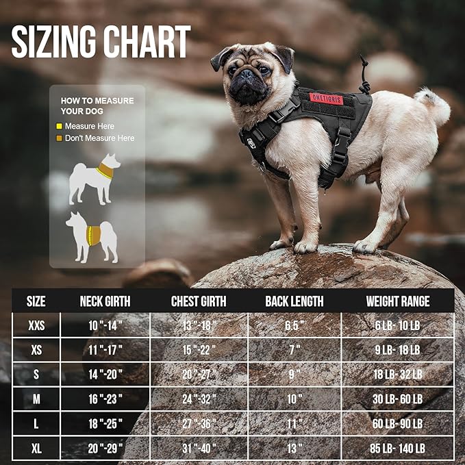 OneTigris Tactical Dog Harness Vest,No-Pull Service Dog Vest with Hook & Loop Panels,Adjustable Dog Vest Harness for Walking Hiking Training(Black,XXS)