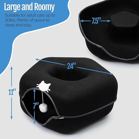 Meow Mansion Hexagon Cat Cave Donut Bed - for Medium and Small Size Cats - 3 Toy Balls & Hanging Ball Included - Scratch Resistant, Detachable and Cleanable Heaxgon Bed