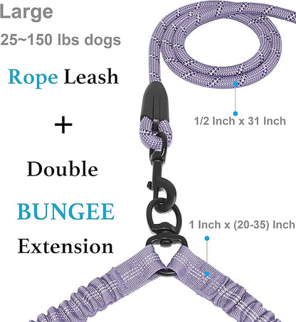 iYoShop Dual Dog Leash - 360° Swivel, No Tangle Walking Leash with Shock Absorbing Bungee for Two Dogs (Large, 25-150 lbs, Lavender)