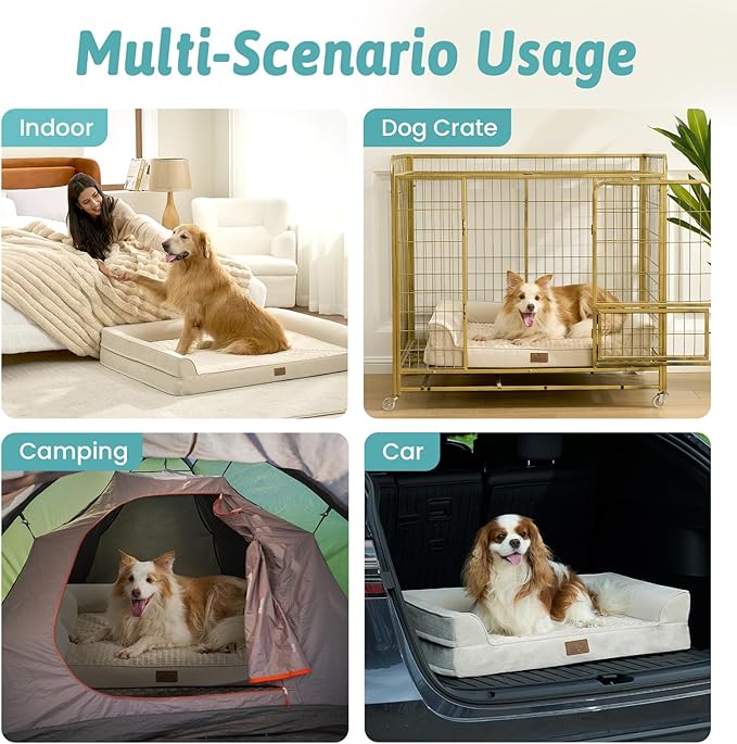COZY KISS Dog Beds for Extra Large Dog, XXL Bolster Pet Couch with Waterproof Lining, Egg Crate Foam Sofa for Pets Up to 150 lbs, U-Shaped, 48x35x8 inch, Beige