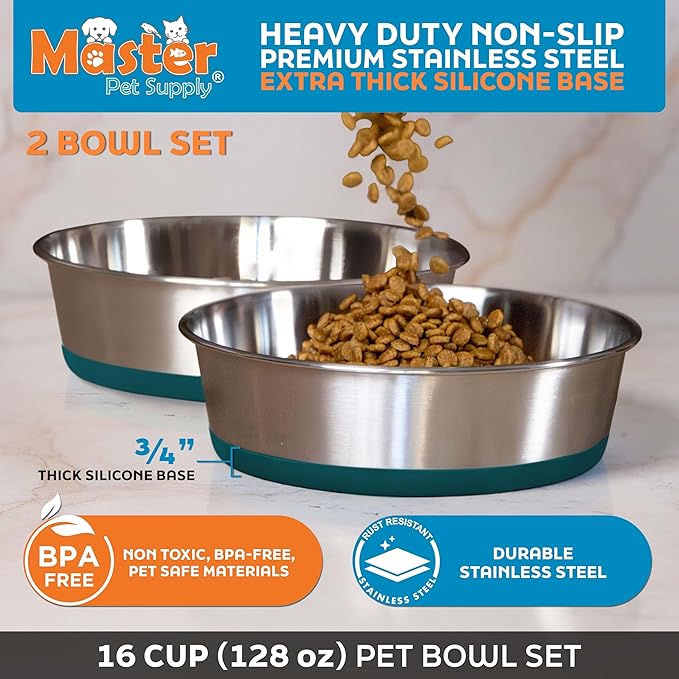 Master Pet Supply Stainless Steel Dog Bowls Set of 2 with Extra Thick Silicone Base - 16 Cup (128 oz) Emerald Sea, Non-Slip, Dishwasher Safe Metal Bowls, Pet Dog Food Bowl for Dogs, Cats, Anti Rust