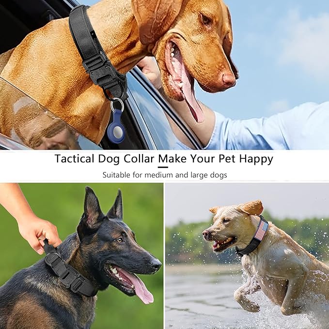 DAGANXI Tactical Dog Collar, Adjustable Military Training Nylon Dog Collar with Control Handle and Heavy Metal Buckle for Medium and Large Dogs, with Patches and Airtags Case (XL, Black)