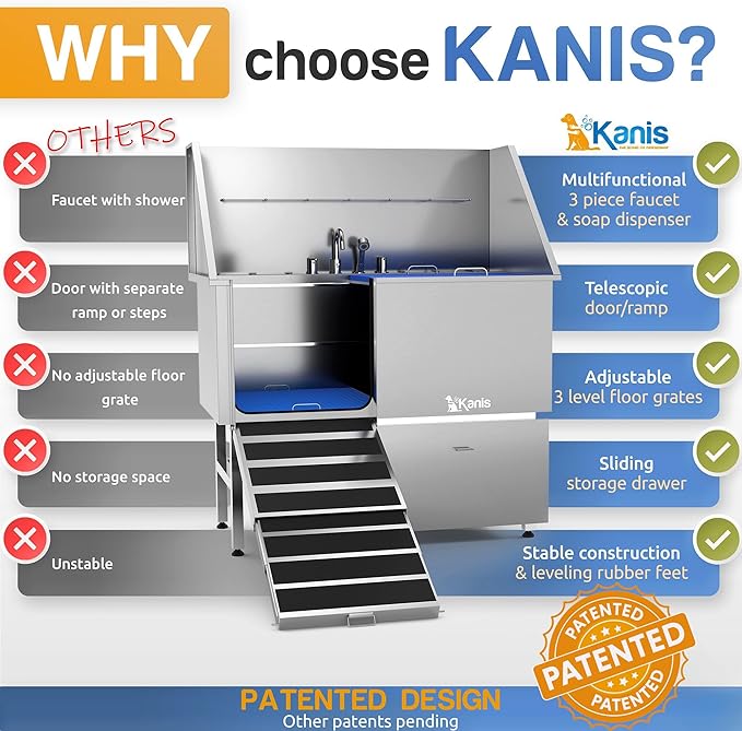 KANIS 61" Professional Stainless Steel Dog Bathing Station, Left RAMP + 49" Professional Electric Dog Grooming Table, White