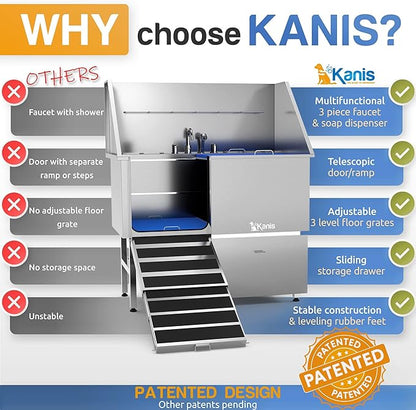 KANIS 61" Professional Stainless Steel Dog Bathing Station, Left RAMP + 49" Professional Electric Dog Grooming Table, White