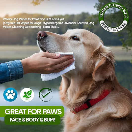 Petazy 400 Dog Wipes for Paws and Butt Ears Eyes | XL 8X8 Organic Pet Wipes for Dogs | Lavender Scent Dog Wipes Cleaning Deodorizing | Extra Thick Paw Wipes for Dogs Cats Pets | +4 Bonus Glove Wipes