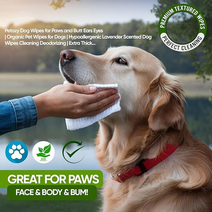 Petazy Dog Wipes for Paws and Butt Ears Eyes | Organic Pet Wipes for Dogs | Hypoallergenic Lavender Scented Dog Wipes Cleaning Deodorizing | Extra Thick Plant Based Wipes Dogs Cats Pets | 100 Count