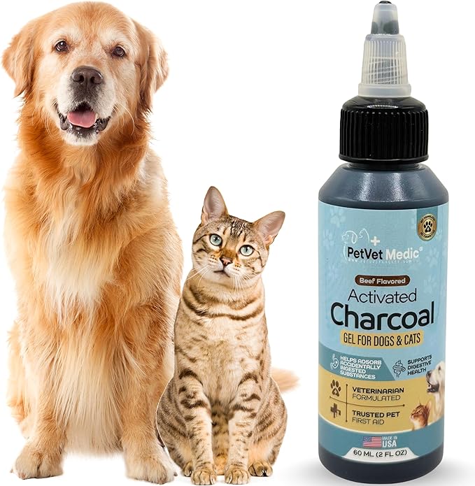 Pet Vet Flavored Activated Charcoal Gel for Dogs & Cats (60ml Bottle), Dog First Aid Activated Charcoal, Absorbs Toxins, Supports Poisoning, Diarrhea & Gas Relief, Emergency Pet Dog Supplies (Beef)