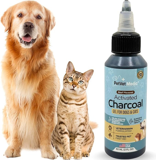 Pet Vet Flavored Activated Charcoal Gel for Dogs & Cats (60ml Bottle), Dog First Aid Activated Charcoal, Absorbs Toxins, Supports Poisoning, Diarrhea & Gas Relief, Emergency Pet Dog Supplies (Beef)