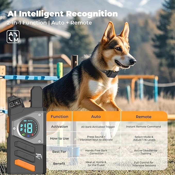 2-in-1 Dog Shock Collar with Remote Control and Automatic Bark Mode - Electric Training Smart Anti Barking Collars for Small Medium Large Dogs E-Collar (5-150Lbs) Waterproof
