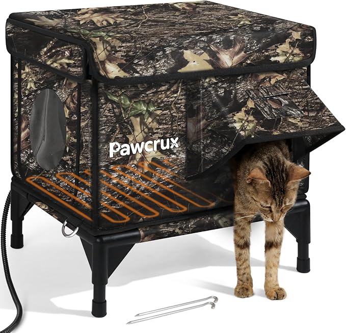 Heated Cat House for Outdoor Cats, Waterproof Insulated Outdoor Cat House with Heating Pad, Weatherproof Elevated Heated Cats House for Outside Feral Cats(Leaf, 16" L x 12" W x 18" H)