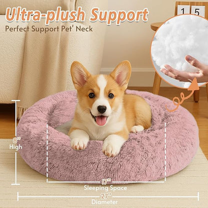 JOLLYVOGUE Calming Dog Bed Medium Size Dog, Anti-Anxiety Donut Medium Pet Bed, 27 inches Fluffy Faux Fur Round Cat Bed (Dark Pink)