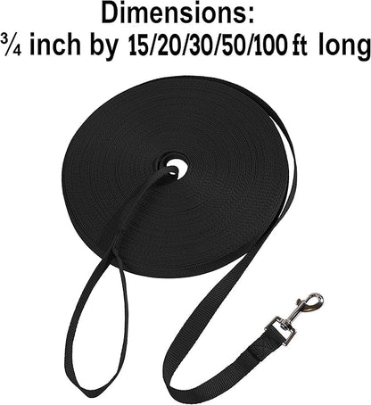 Hi Kiss Dog/Puppy Obedience Recall Training Agility Lead - 15ft 20ft 30ft 50ft 100ft Leash Great for Training, Play, Camping, or Backyard Black