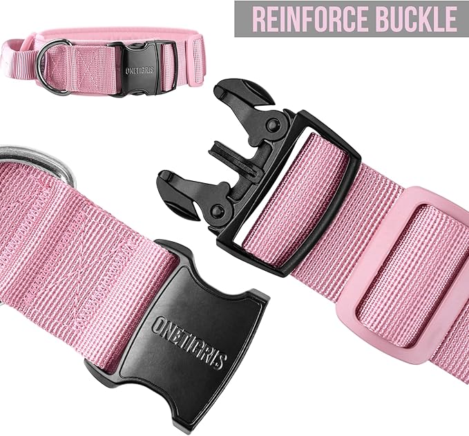 OneTigris Tough Dog Collars, Tactical Dog Collar with Handle, Milltary Adjustable Dog Collar with Heavy Duty Metal Buckle for Training (Large,Pink)