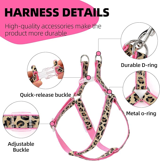 Mile High Life Leopard Dog Harness Collar Leash Set, Adjustable No Pull Dog Halter Harness for Small Breed Dogs, Easy Control for Training Walking (Pink, M Chest 15"-21", Neck 13"-17")