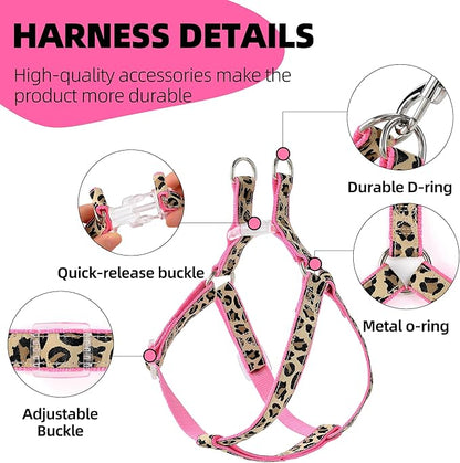 Mile High Life Leopard Dog Harness Collar Leash Set, Adjustable No Pull Dog Halter Harness for Small Breed Dogs, Easy Control for Training Walking (Pink, XS Chest 9"-15", Neck 8"-12")