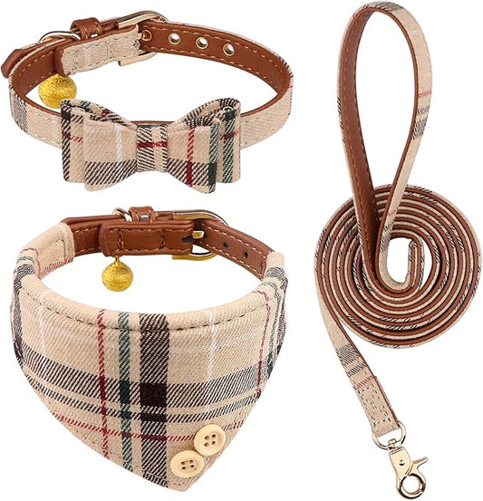 3 PCS Dog Collars for Small Puppy Collar and Leash Set, Bow Tie with Bell, Bandana Leather for Small Dogs Puppies and Cats(Beige)