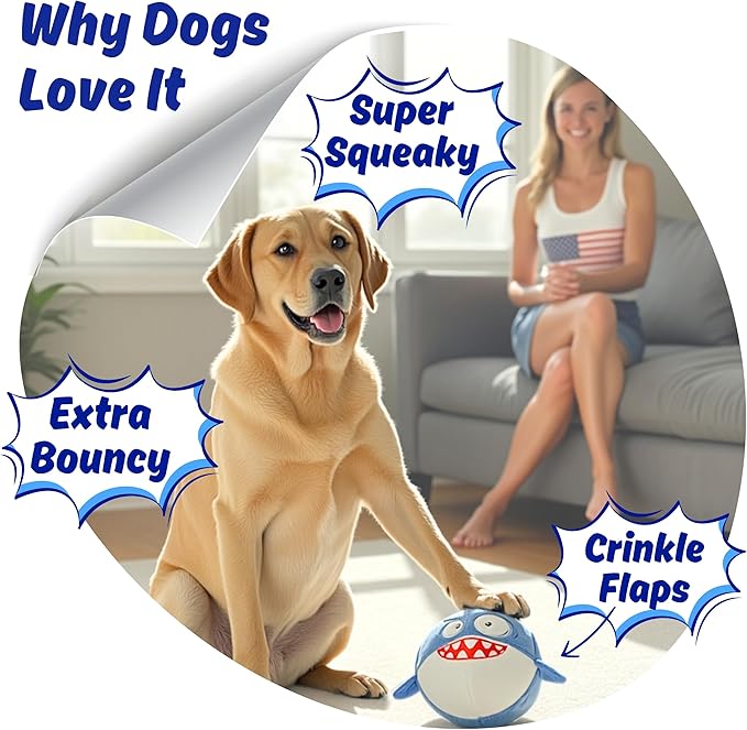 3 in 1 Squeaky Soft Plush Super Durable Dog Chew Toy for Aggressive Chewers, No Stuffing Interactive Tough Rip & Reveal Crinkle Shark Ball in Gift Box, Puppy, Small & Large Breed Pet Birthday Present