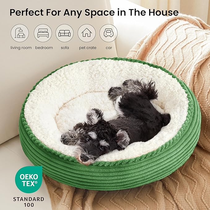 Love's cabin Round Donut Cat and Dog Cushion Bed, 25in Pet Bed for Small or Medium Dogs, Anti-Slip & Water-Resistant Bottom, Soft Durable Fabric Pet Beds, Washable Calming Cat Bed Green Stripe