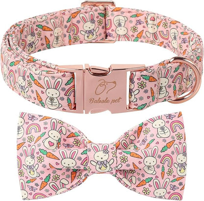 Easter Dog Collar with Bow Tie - Pink Easter Bunny Bowtie Dog Collar Adjustable Heavy Duty Spring Easter Dog Collars for Small Medium Large Dogs M