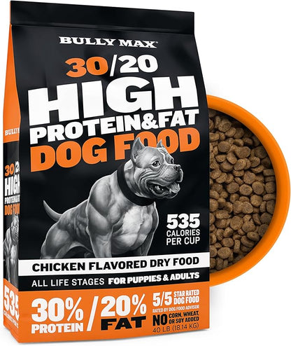 Bully Max Dry Dog Food for Adult & Puppy - High Protein & Fat for Muscle & Weight Gain - High Performance Healthy Dog Food Supplements - Small & Large Breed (535 Calories Per Cup), Chicken, 40 lb. Bag