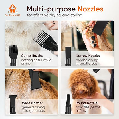 High-Velocity Dog Dryer for Grooming - Quiet Pet Hair Blow Dryer with Heater, 4 Nozzles & Adjustable Speed - Professional Dog Blower for Large Dogs, Thick Coats & Deshedding