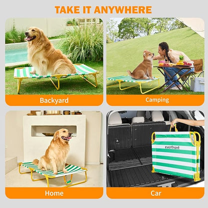 everfront Dog Elevated Bed Foldable Portable Raised Bed Camping cot Outdoor Summer Dog Bed (Large, GreenStripes-Oxford Fabric)