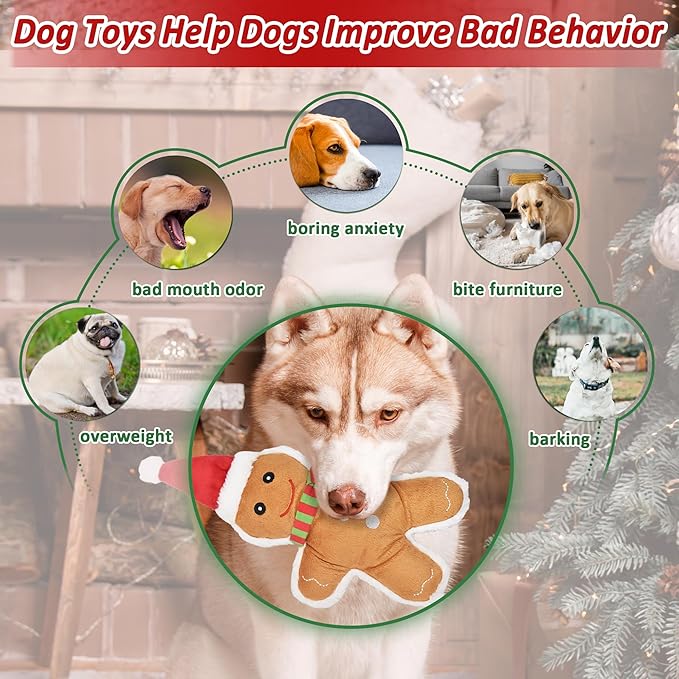 LECHONG Christmas Dog Toys, 4pcs Stuffed Dog Squeaky Toys for Teething and Chewing, Tough Xmas Gift Toy Bundle Santa Toys for Small Large Dogs Puppy
