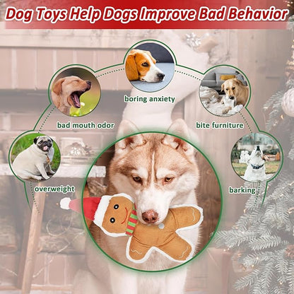 LECHONG Christmas Dog Toys, 4pcs Stuffed Dog Squeaky Toys for Teething and Chewing, Tough Xmas Gift Toy Bundle Santa Toys for Small Large Dogs Puppy