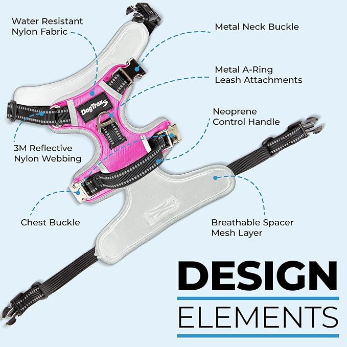 DogTraxs - Step-in Dog Harness - for Medium Dogs - Soft Padding & Reflective Trim - Adjustable No Pull Through Design - Control Handle - Top & Front Clip Durable - Pink